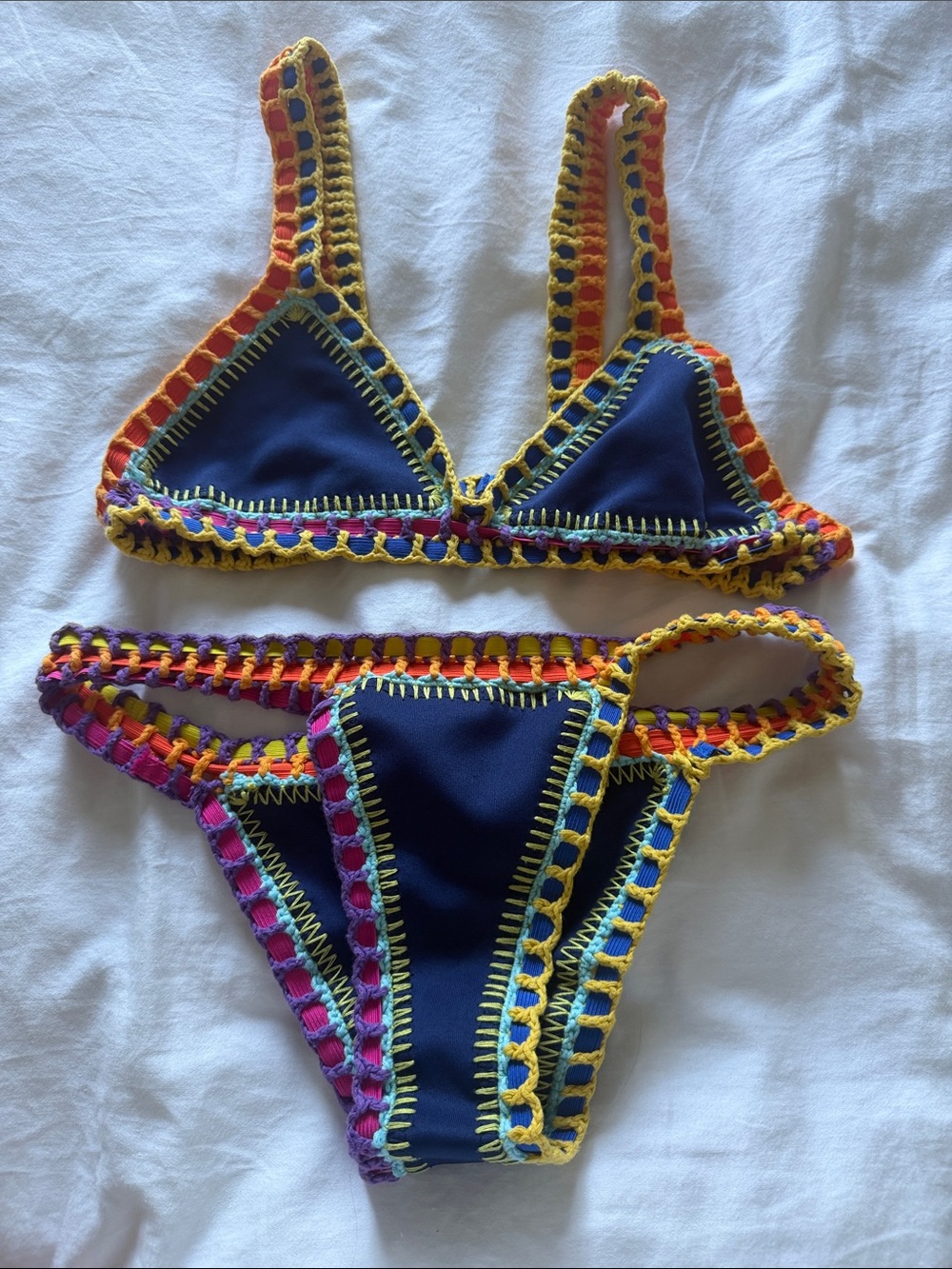Navy Crochet-Trim Bikini Set - Vibrant Multicolor Accents